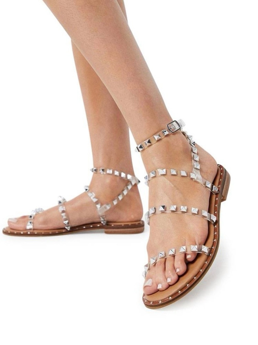 Steve Madden Travel Sandal with clear straps and silver stud accents